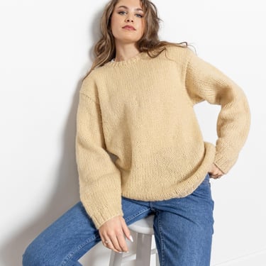 OVERSIZED FISHERMAN'S Sweater Oversize Chunky Knit Jumper Cream Textured Fuzzy / Large Xl Extra 