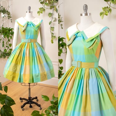 Vintage 1950s 1960s Sundress | 50s 60s Plaid Cotton Fit and Flare Wide Collar Bow Full Skirt Green Blue Yellow Day Dress (small) 