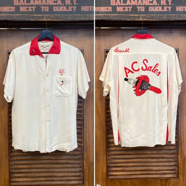Vintage 1950’s “King Louie” AC Sparkplug Rayon Hot Rod Car Club Rockabilly Bowling Shirt, 50’s Vintage Clothing 