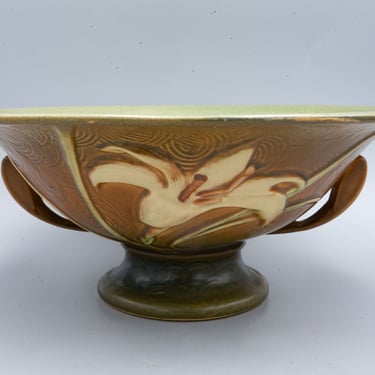 Roseville Zephyr Lily Sienna Tan Compote 8-10 | Vintage Ohio Pottery Mid Century Pottery Art 