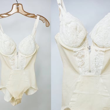 1970s Frederick's Cream Lace Padded Zip Front Body Suit Shape Wear Small | Vintage, Sexy, Retro, Snap Crotch, Pin Up, Rockabilly, Boudoir 