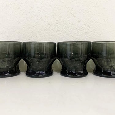 Vintage Georgian Smoke Glasses Lowball Set of 4 Anchor Hocking Style Glass Cocktail Barware Wine Smikey Black 1960s 