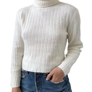 Vintage Y2K Womens White Angora Blend Fluffy Soft Cropped Sweater Ribbed Sz M 