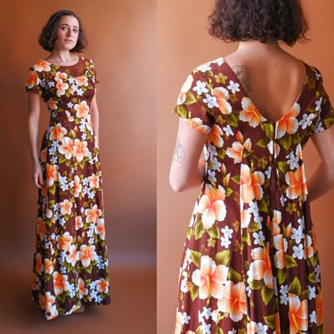 Vintage 70s Barkcloth Tiki Dress/ 1970s Ui Maikai Cape Back Maxi Dress/ Size Medium 