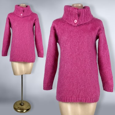 VINTAGE 80s Hot Pink Fuzzy Mohair Sweater by Interim Size M  | 1980s High Neck Jumper Sweater | VFG 