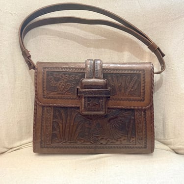 Vintage 40s 50s Mexican TOOLED Leather Shoulder Bag Purse / Handbag Option / CACTUS + Bitd of Prey Scene + Aztec Calendar 