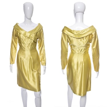 1960's Yellow Shiny Long Sleeve Wiggle Dress Size S