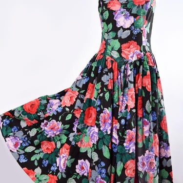 Floral Roses Backless Vintage Dress Geary Roark 10 1980's Full Skirt Prairie Style Black Red Roses 