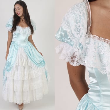 Zum Zum Brand Victorian Style Prom Dress, Vintage 70s Edwardian Wedding Gown, Shiny Romantic Southern Belle Maxi 