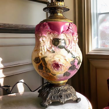 Antique Victorian Glass Parlor Lamp Embossed Green Man North Wind Painted Flowers 