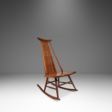 Mid-Century Modern Rocking Chair in Solid Walnut & Rattan by Arthur Umanoff for Washington Woodcraft, USA, c. 1960's 