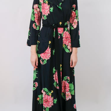 1940s Black Pink and Green Floral Rayon Robe