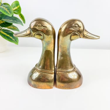 Vintage Brass Mallard Duck Head Bookends, Art Deco Hollywood Regency Era Decor, Hunting Cabin Rustic Mid Century Study or Office Decor 