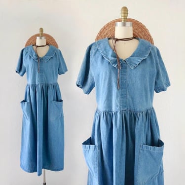 distressed denim market dress - m - vintage 90s y2k blue jean cotton casual short sleeve long maxi size medium 