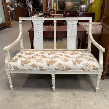 White Wooden Bench with Fern Patterned Seat Cushion