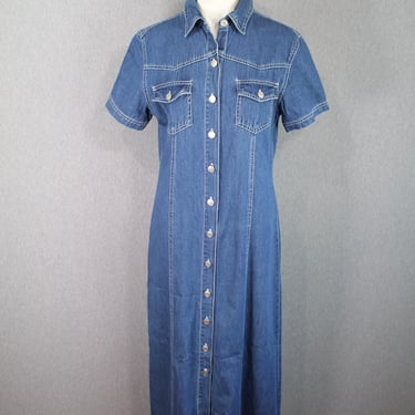 1980s Denim Shirtdress || Blue Jean Maxi || Long Dress || Chambray|| Size Medium 