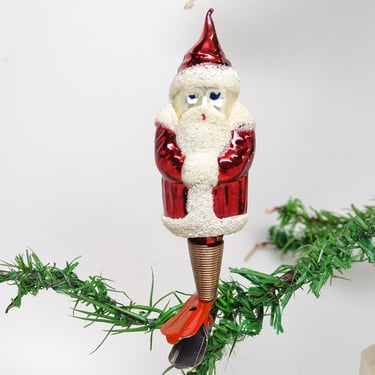 Vintage German Glass Santa Christmas Tree  Clip Ornament, Hand Painted Vintage Retro Decor 