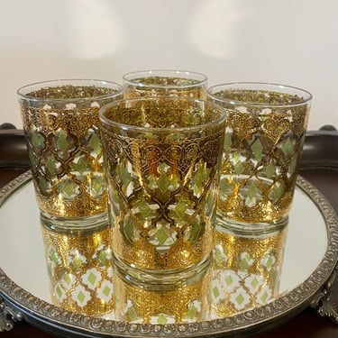 Set of Four Vintage Culver Valencia 22k Gold Foil Double Old Fashioned Glasses 