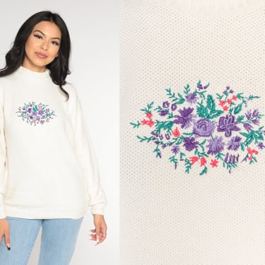 White Floral Sweater 90s Embroidered Flower Sweater Pullover Mockneck Cute Hippie Grandma Mock Neck Bohemian Vintage 1990s Cotton Large L 