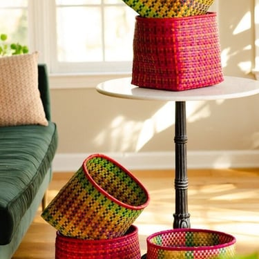 Handwoven Kottan basket TALL - Storage Basket, Boho Home Decor, Utility Tray, Colorful Multipurpose Palm Leaf Basket 