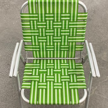 Vintage Lawn Chair Retro 1960s Mid Century Modern + Silver Aluminum Frame + Green + White Webbed + Folds Up + MCM + Outdoor or Patio Seating 