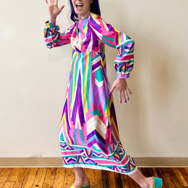 60’s Neon Art Deco Abstract Psychedelic Striped Rainbow Maxi Dress