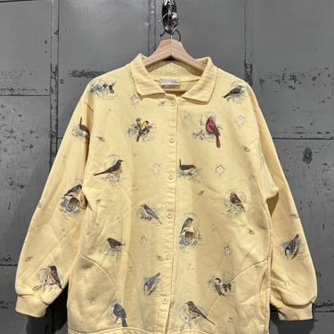 Cottagecore Birds yellow Collared Sweater All Over Print Women’s large Nature Bernie’s glen 