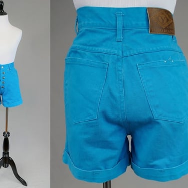 90s Bright Blue Jean Shorts -  24.5 waist - Cuffed Button Fly - Yoyo Jeans - High Rise - Cotton Denim - Vintage 1990s - XS 