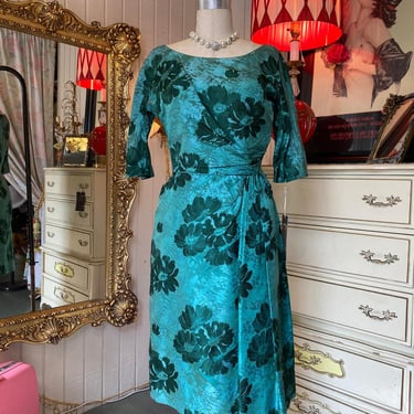 vintage 1950s green brocade wiggle dress betty clyne m 28 ruched draped 50s mcm 