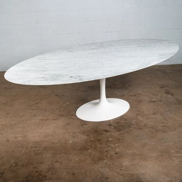 Mid Century Modern Dining Table 96" White Grey Cararra Marble Knoll Tulip Large