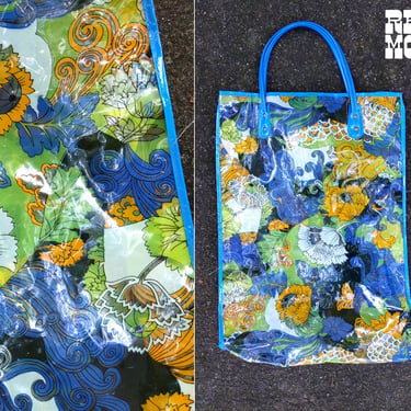 Vintage 60s 70s Blue Gold Green Flower Power Novelty Clear Vinyl Tote Bag - As Is 