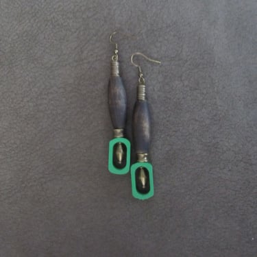 Long wooden earrings, antique bronze earrings, bohemian earrings, Kelly green earrings, bold statement, unique earrings, geometric earrings2 