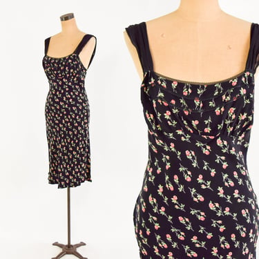 Betsey Johnson | 1990s Black Floral Print Slip Dress | 90s Flowered Slip Dress | Betsey Johnson | Medium 