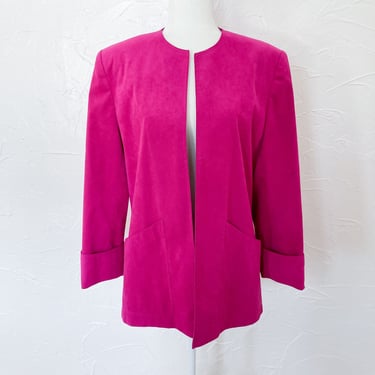 80s Faux Suede Bright Pink Magenta Open Front Blazer Jacket| Extra Large 