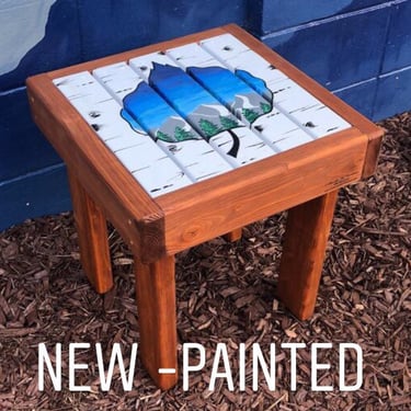 Hand painted Aspen Ski Side Table, seat, wood frame, ski top side table, side tables, outdoor side table, Choose Your Design, Custom Tables 
