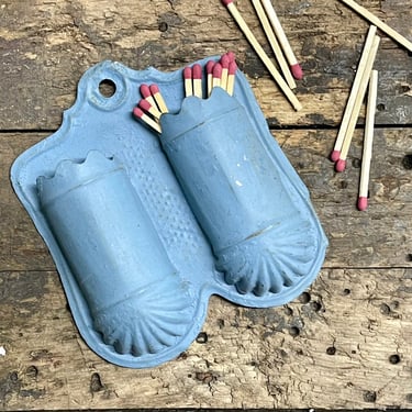 Vintage Match Holder Wall Hung Blue Farmhouse Fireplace Candles Painted Metal Qtips Organizer Paintbrushes Pencils Pens Caddy 
