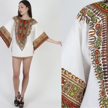 70s Cotton Kimono Sleeve Dashiki Top / Vintage India Angel Tunic / 1970s Bohemian Floral African Top 