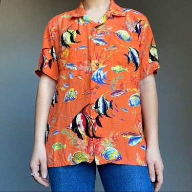 Polo Ralph Lauren Orange Fish Hawaiian Novelty Beach Button Down Shirt Sz L 