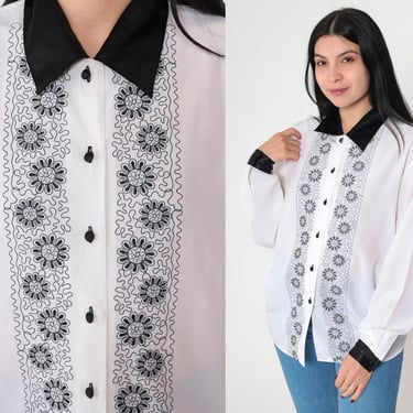 Floral Embroidered Top 90s Semi-Sheer White Button up Top Black Flower Embroidery Long Sleeve Blouse 1990s Vintage Claudia Richard Medium M 