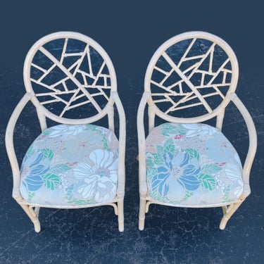 Set of 2 Vintage Rattan Dining Chairs - Cracked Ice McGuire Style Hollywood Regency Coastal Fretwork Armchairs 