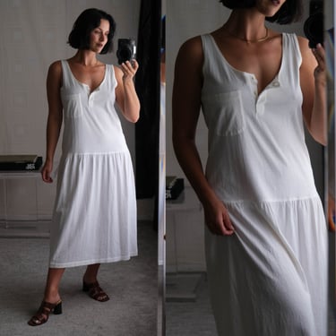 Vintage 90s GAP White Cotton Drop Waist Pocketed Henley Summer Sundress | Made in USA | 100% Cotton | 1980s 1990s GAP Designer Summer Dress 