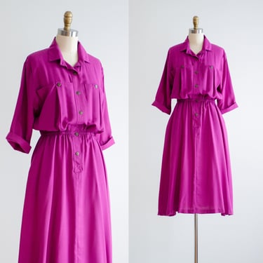 purple midi dress 80s vintage fit and flare shirtwaist midi dress 