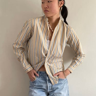 Calvin Klein Vintage 80s Cotton Blouse - Khaki/Beige Pinstripe