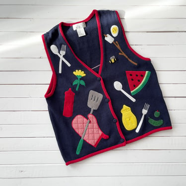 embroidered sweater vest | 90s vintage navy blue cookout bbq novelty watermelon marshmallow streetwear aesthetic cotton sleeveless sweater 