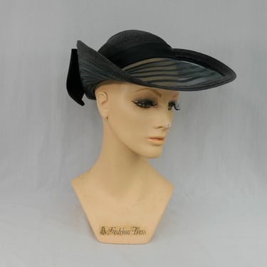 70s 80s Black Hat w/ Big Bow - 21 inch - Ruth Ann Designs - Vintage 1970s 1980s 