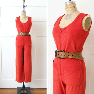 vintage 1970s Miss Shaheen jumpsuit • red terrycloth flared leg one-piece zip front outfit 