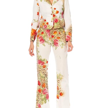 1990S Roberto Cavalli Cream Floral Print Denim Jean Jacket  Pants Ensemble 