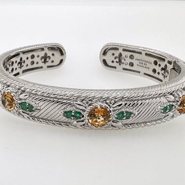 Judith Ripka Citrine Emerald Sterling Silver Kick Hinge Cuff Bracelet Thailand 7