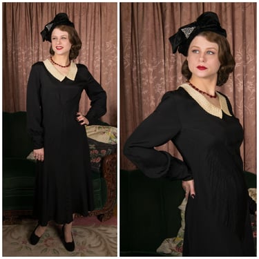 Early 1930s  Dress - Black Crepe de Chine Bias Cut Day Dress c. 1930-31 with Long Full Sleeves and Ivory Collar 