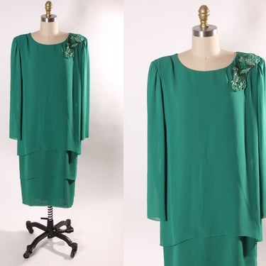 1980s Emerald Green Tiered Long Sleeve Sequin Shoulder Detail Formal Dress by Ursula -L 